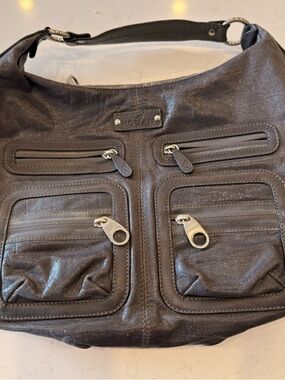 Hogan Brown Leather Hobo Bag with Front Zip Pockets